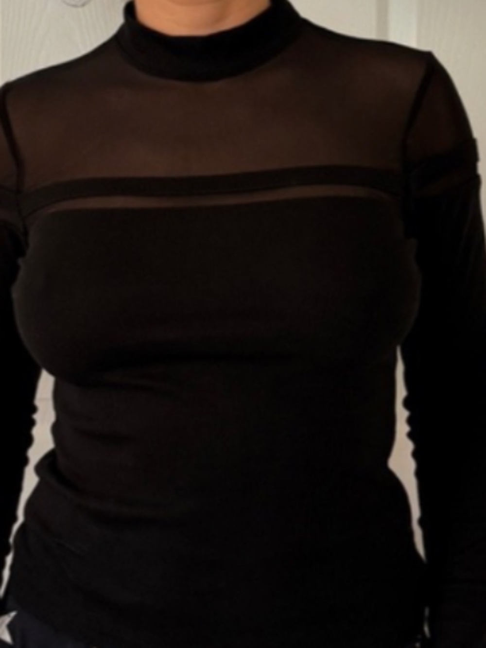 Mock Neck Black Ribbed Sheer Panel Top Sz. S